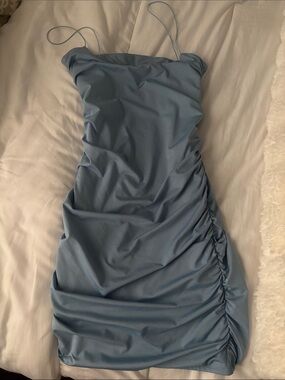 Oh Polly Satin Dusty Blue Ruched Mini Dress